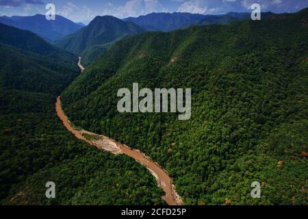 Aerial view of Teak forest and a river near Thailand and Myanmar border, Stock Photo