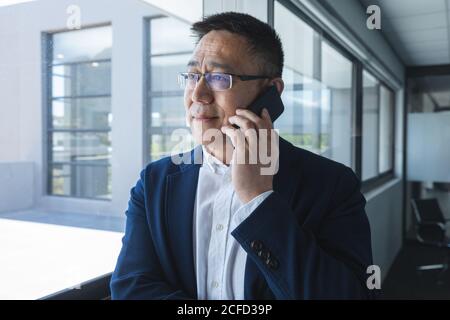 Senior businessman talking on his smartphone near window at modern office Stock Photo