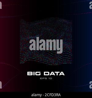Big data visualization. Distortion stream of particles. Wave stripes of multicolored data units on dark background. Science, technology theme. Vector Stock Vector