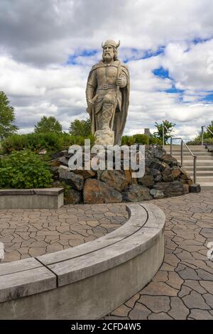 The Viking Statue and gardens in Gimli, Manitoba, Canada. Stock Photo