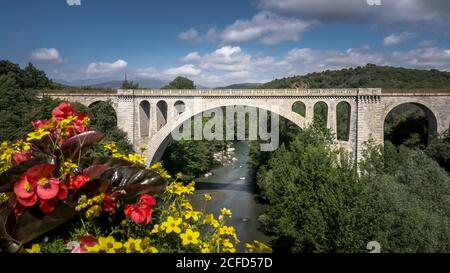 Old narrow railway bridge over the Tech river at Céret in spring. Stock Photo