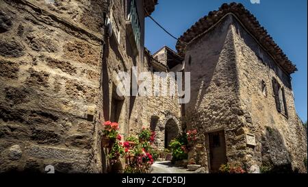 Village alley in Saint Guilhem le Désert in spring. The village belongs to the Plus Beaux Villages de France. Located on the pilgrimage route to Stock Photo