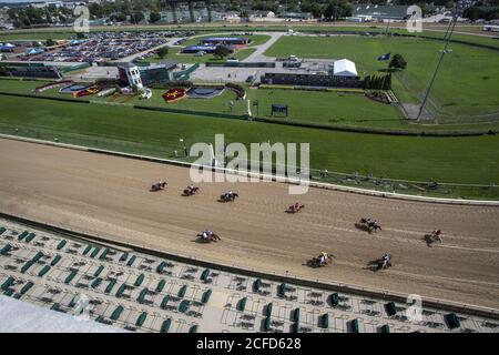 Louisville, United States. 05th Sep, 2020. Horses parade before heading to the starting gate in front of empty box seats prior to the 146th Kentucky Oaks at Churchill Downs on Friday, September 4, 2020 in Louisville, Kentucky. Photo by Michelle Haas Hutchins/UPI Credit: UPI/Alamy Live News Stock Photo