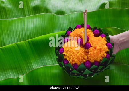 Hand holding banana leaf Krathong that have 3 incense sticks and candle decorates with flowers for Thailand full moon or Loy Krathong festival. Stock Photo