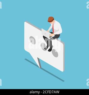Flat 3d isometric businessman sitting on chat or text icon. Customer support concept. Stock Vector