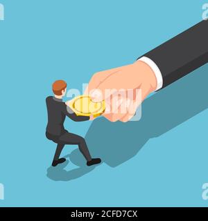 Flat 3d isometric businessman fight over and pull golden coin from big business hand. Fights against strong opponent and competition concept. Stock Vector
