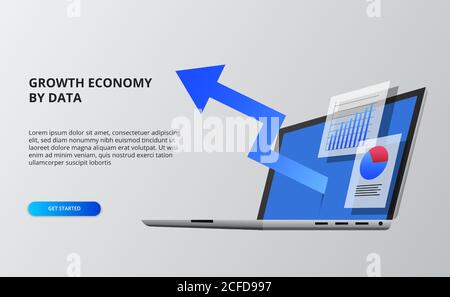 Blue arrow economy growth. Financial and infographic data. 3D open laptop with perspective isometric. Stock Vector