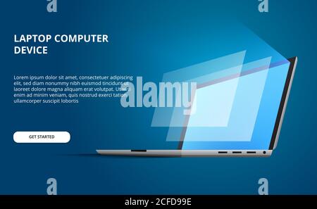 3D isometric perspective open device laptop with glow screen. display computer with blue background Stock Vector