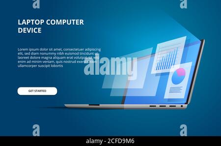 3D isometric perspective open device laptop with glow screen. display computer with infographic and data visualization pie chart stats with blue backg Stock Vector