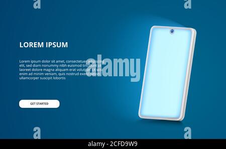 3D perspective smartphone mock up illustration with glowing blue light screen with blue background Stock Vector