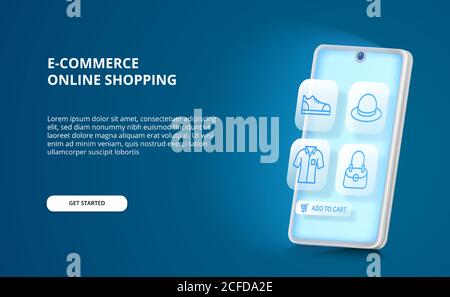 3D smartphone glow app online shopping e-commerce concept with blue outline fashion icon for buy and sell. landing page illustration Stock Vector