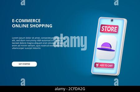 buy online shopping retail with e-commerce app and 3D hat icon and 3D smartphone perspective with blue screen glow. landing page concept illustration Stock Vector