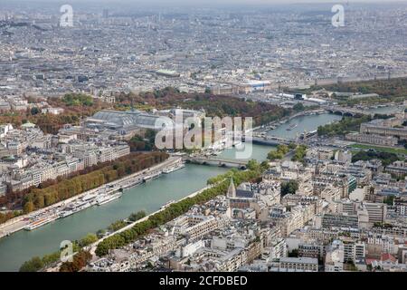 City view from the top of the Eiffel Tower towards Siena and Pont Alexandre III Bridge, Paris, France Stock Photo