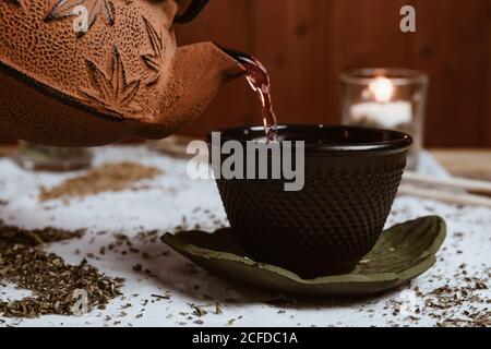 Serving fragrant tasty tea in cup clay teapot and sweet dates on white tray decorated with tea leaves on wooden background Stock Photo