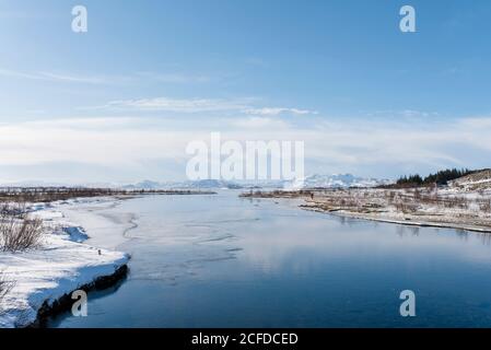 View over the lake Þingvallavatn in Thingvellir National Park, Iceland in winter Stock Photo