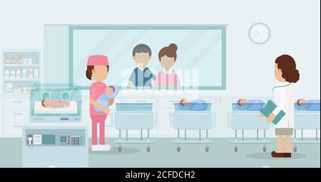Maternity ward with pediatrician and newborn babies flat design vector illustration