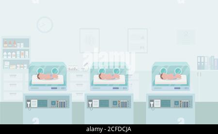 Maternity ward with newborn babies in incubators flat design vector illustration Stock Vector