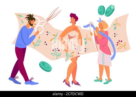 Banner with people cartoon characters working in atelier or sewing workshop, flat vector isolated. Stock Vector
