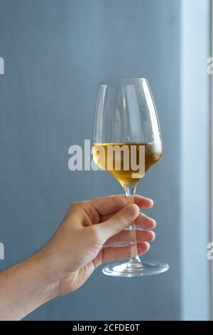 Crop person enjoying and holding glass of fresh drink in sunlight Stock Photo