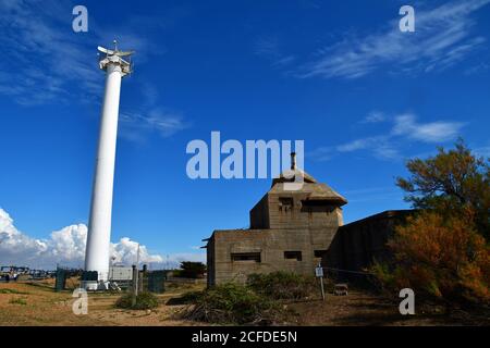 WWII Pill box and shipping radar on Languard Nature Reserve, Felixstowe, Suffolk, UK Stock Photo