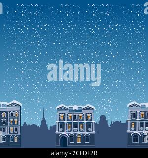 Winter night landscape. Silhouettes of houses the residential district of the old town and the lonely passerby. Vector, illustration, isolated Stock Vector