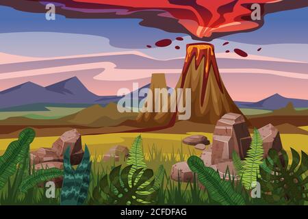 Volcano eruption, background landscape plain, vegetation, stones, vector, cartoon style, illustration, isolated Stock Vector