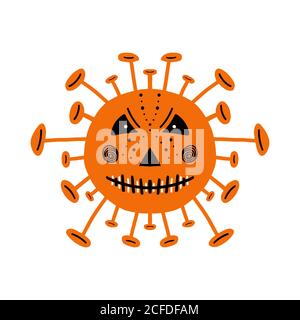 Halloween orange coronavirus bacteria with scary face. Isolated on white background. Vector stock illustration. Stock Vector