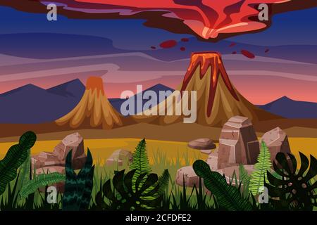 Volcano eruption, background landscape plain, vegetation, stones, vector, cartoon style, illustration, isolated Stock Vector