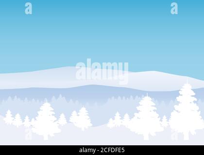 Winter landscape, minimal style. Horizon, panorama, snow-covered trees. Ate, pine. Vector, illustration, isolated, template, poster, banner Stock Vector