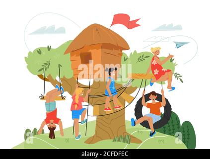 Children playground background with treehouse and playing boys and girls. Stock Vector