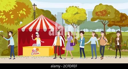 Street ice cream cafe queue color illustration. Smiling people in city park waiting for ice cream.Flat characters. Street cafe coffee to go. Autumn Stock Vector