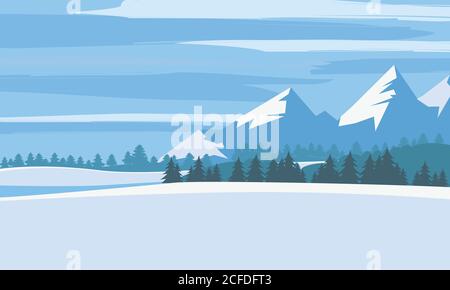 Winter landscape, cartoon minimal style. Horizon, panorama, snow-covered trees, village, mountains, ate, pine. Vector, illustration, isolated Stock Vector