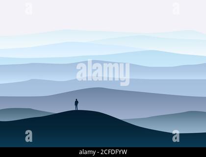 Minimalistic mountain landscape, lonely explorer, horizon, perspective, vector, illustration, isolated, cartoon style Stock Vector