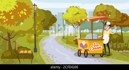 Park, seller and cart with ice cream, seller, trees. bench, background metropolis, vector, illustration, isolated, cartoon style Stock Vector