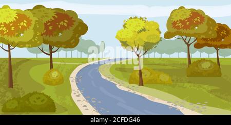 Cute landscape forest river, trees on the shore, vector, illustration, isolated Stock Vector