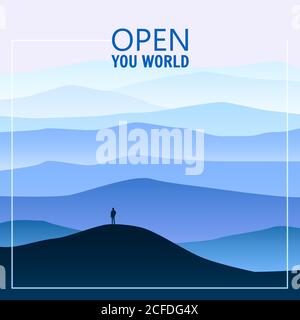 Minimalistic mountain landscape, silhouettes, open your world, lonely explorer, horizon, perspective, vector, illustration, isolated Stock Vector
