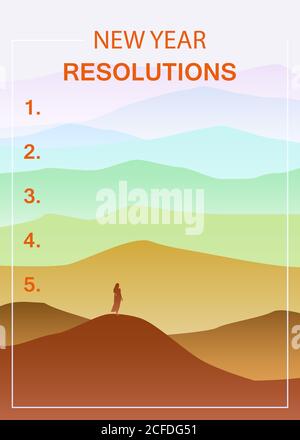 New years resolution in the new year, women are standing on the hill looking into new perspectives next year, minimalist landscape, vector Stock Vector