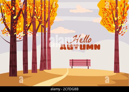 Autumn landscape, fall trees with yellow leaves, lonely bench for contemplation of autumn nature, vector, isolated, cartoon style Stock Vector