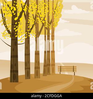 Autumn landscape with trees, hills, branch, and fall leaves, vactor illustrations, cartoon style Stock Vector