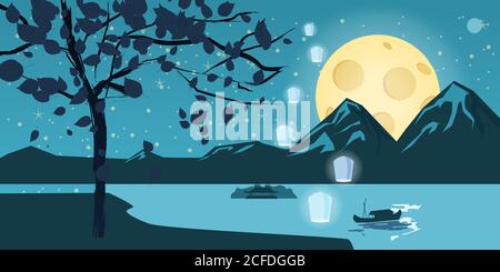 Night landscape with autumn tree, falling leaves, mountains, lake, moon, stars, cartoon style, vector, illustration, isolated Stock Vector