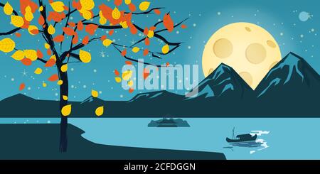 Night landscape with autumn tree, falling leaves, mountains, lake, moon, stars, cartoon style, vector, illustration, isolated Stock Vector