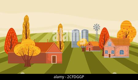 Farm modern flat cartoon design style vector illustration on green background with place for text. A countryside rural landscape autumn with a barn Stock Vector