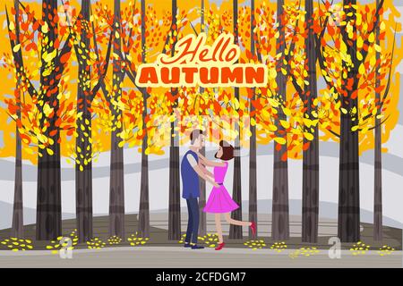 Hello autumn color illustration. Happy couple meeting and walking in park postcard design. Open air outdoor walk. Early fall landscape cartoon banner Stock Vector