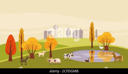 A countryside rural landscape lake, utumn with animals, barn, windmill, haystacks, pond, silage towers, isolated. Farm modern flat cartoon design Stock Vector