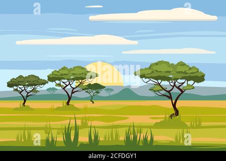 African landscape, savannah, sunset, vector, illustration, cartoon style, isolated Stock Vector