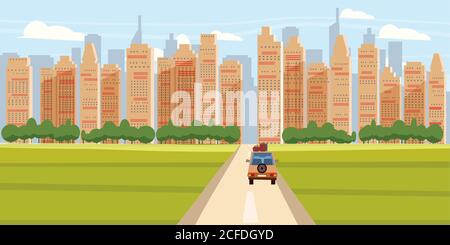 Cityscape Background Modern City Panorama With Road to Over Skyscrapers Skyline Silhouette Cartoon Vector Illustration Stock Vector