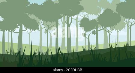 Background of landscape with deep deciduous forest. Cartoon style. Vector, illustratoin Stock Vector
