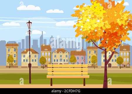Autumn landscape in the park, city, houses, panorama, autumnal mood, wooden bench, falling leaves, cartoon style, vector, illustration, isolated Stock Vector