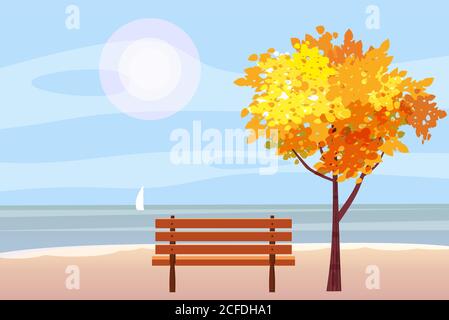 Autumn landscape on the sea, ocean, tree, wooden bench, sailboat panorama, autumnal mood, yellow, red, orange leaves, cartoon style, vector Stock Vector