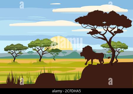 African landscape, lion, savannah, sunset, vector, illustration, cartoon style, isolated Stock Vector